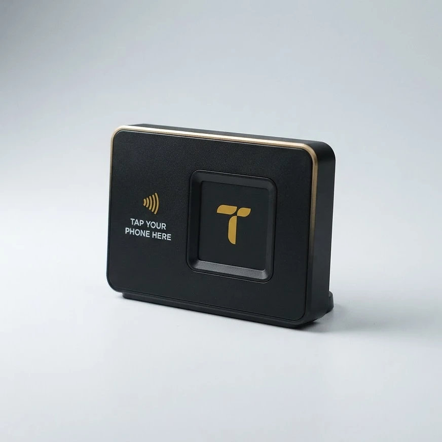 A black Taaply countertop NFC display with a yellow T logo and a “tap your phone here” label